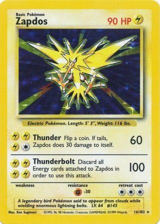 016 Zapdos Base Set Unlimited Pokémon card in Excellent Condition